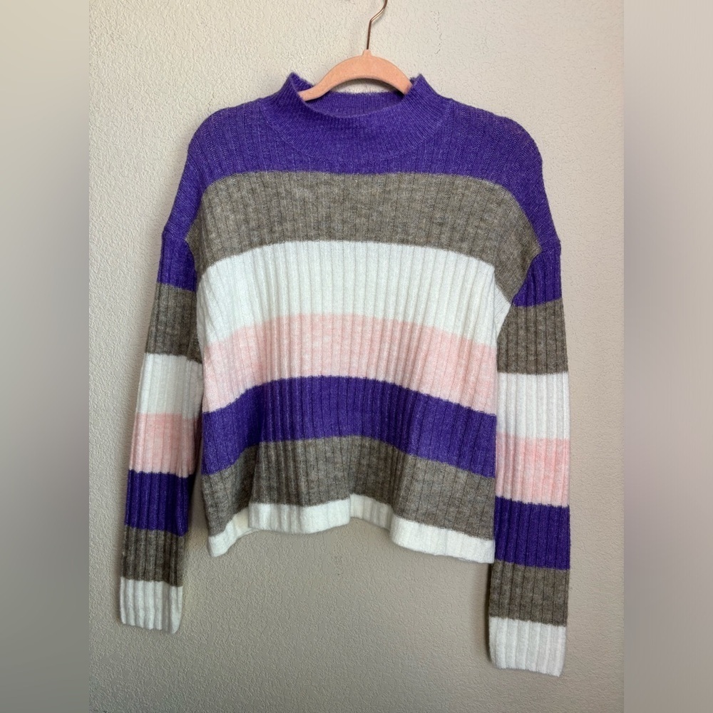 ADORA Plush Ribbed Knit Mock Neck Purple Pink Gray Striped Crop Sweater M